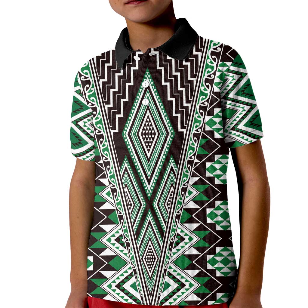 Green Aotearoa Tukutuku and Poutama Motif Kid Polo Shirt LT03 Kid Green - Polynesian Pride