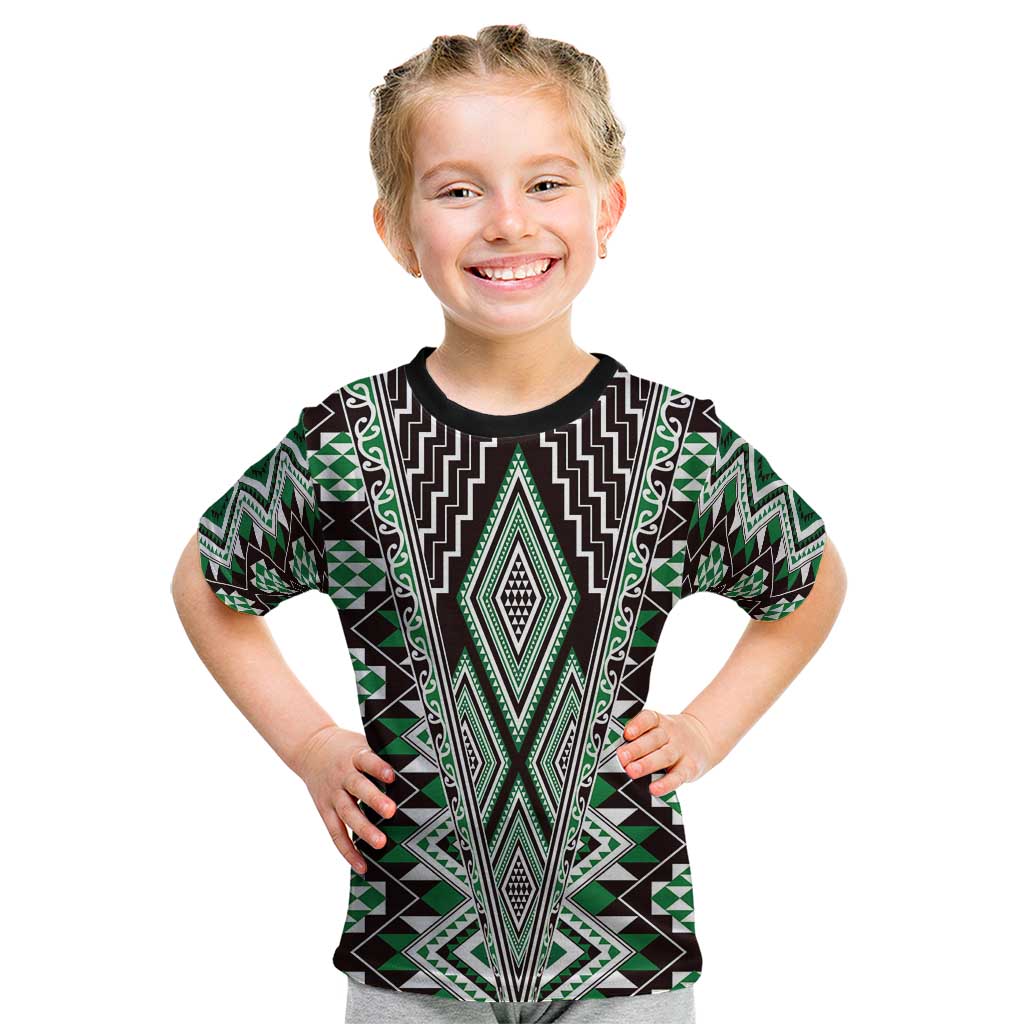 Green Aotearoa Tukutuku and Poutama Motif Kid T Shirt LT03 Green - Polynesian Pride