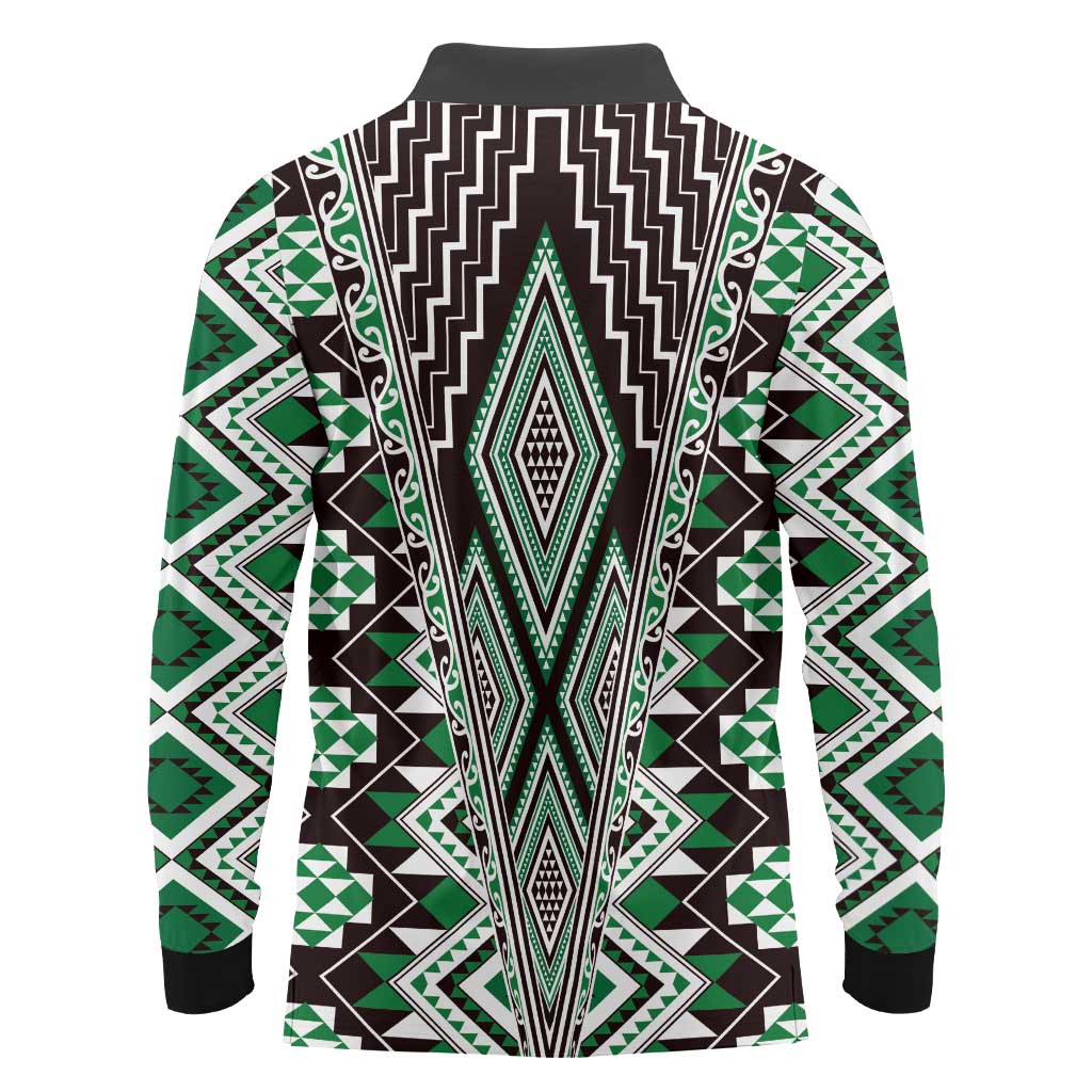 Green Aotearoa Tukutuku and Poutama Motif Long Sleeve Polo Shirt LT03 - Polynesian Pride
