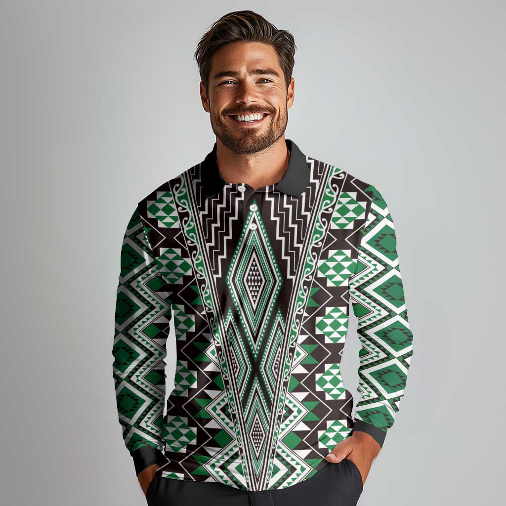 Green Aotearoa Tukutuku and Poutama Motif Long Sleeve Polo Shirt LT03 - Polynesian Pride