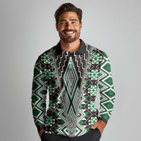 Green Aotearoa Tukutuku and Poutama Motif Long Sleeve Polo Shirt LT03 - Polynesian Pride