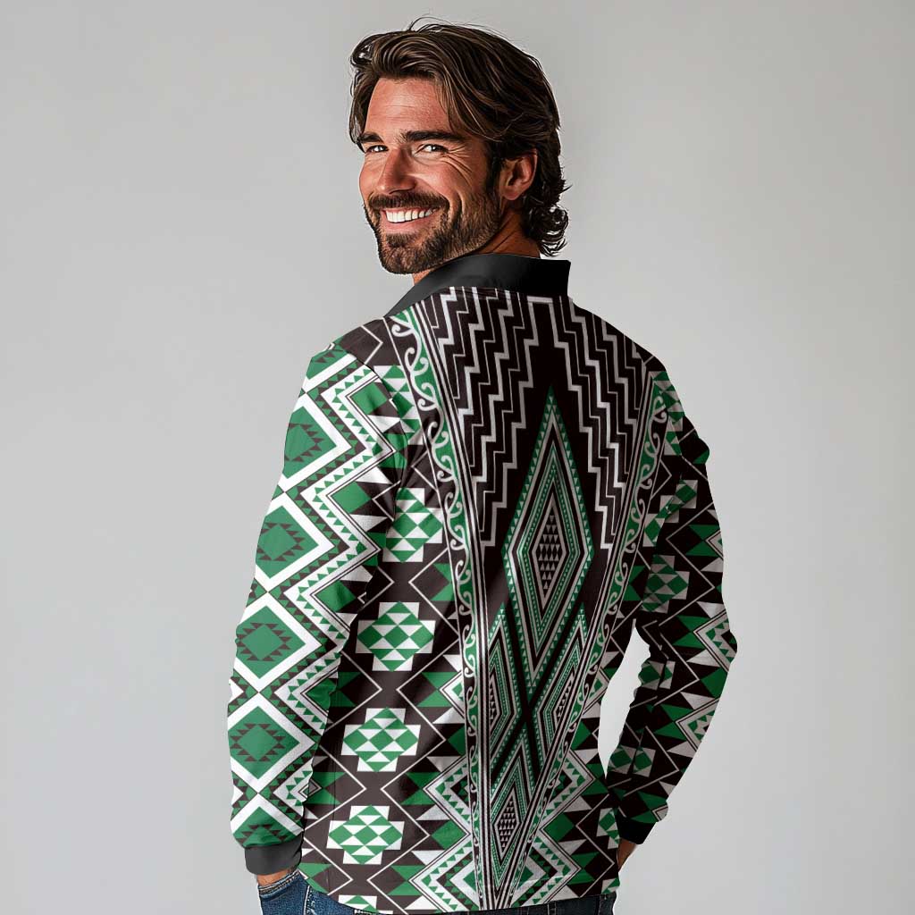 Green Aotearoa Tukutuku and Poutama Motif Long Sleeve Polo Shirt LT03 - Polynesian Pride