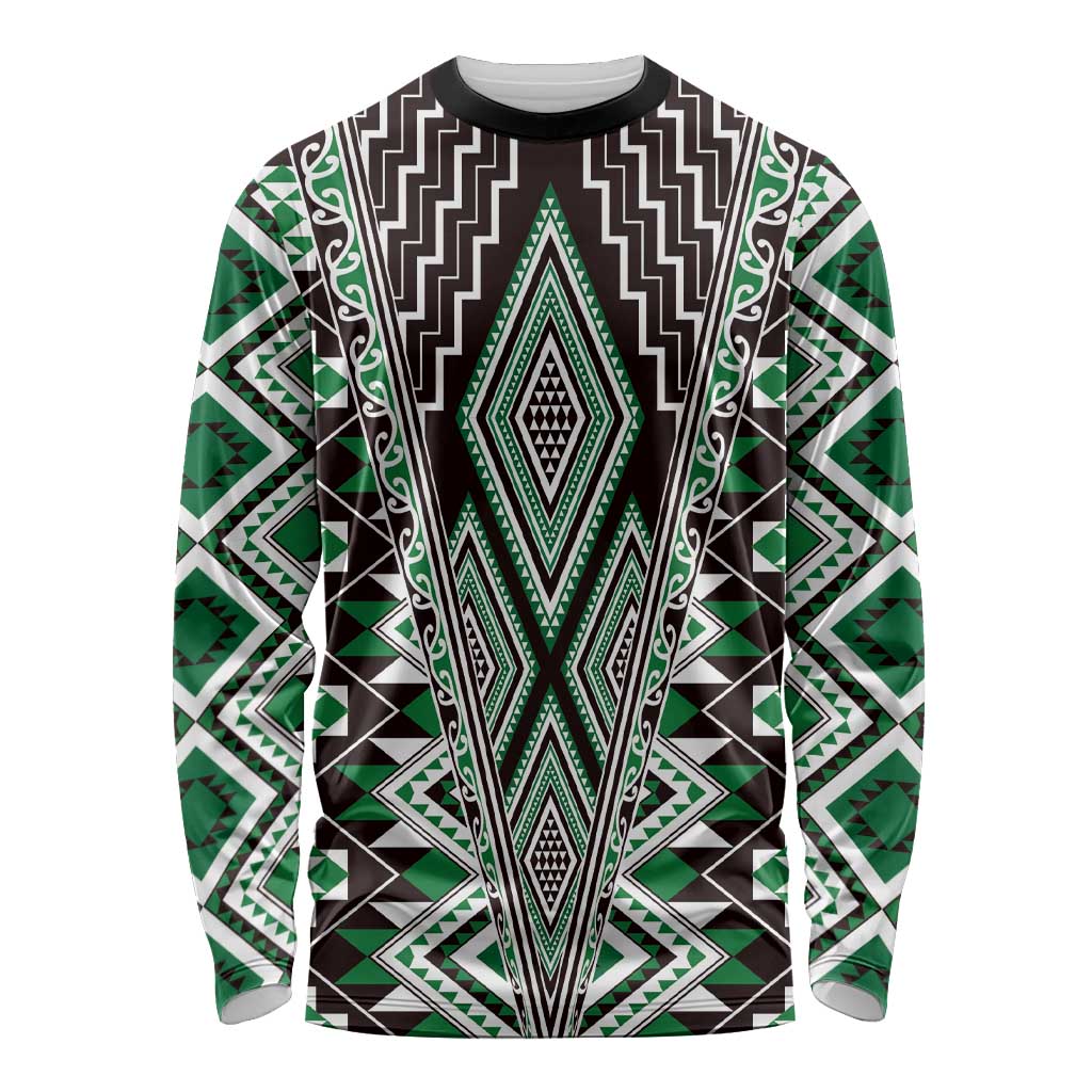 Green Aotearoa Tukutuku and Poutama Motif Long Sleeve Shirt LT03 Unisex Green - Polynesian Pride