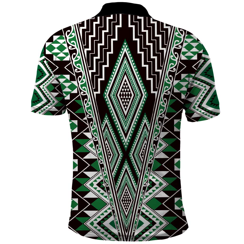 Green Aotearoa Tukutuku and Poutama Motif Polo Shirt