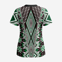 Green Aotearoa Tukutuku and Poutama Motif Scrub Top - Polynesian Pride