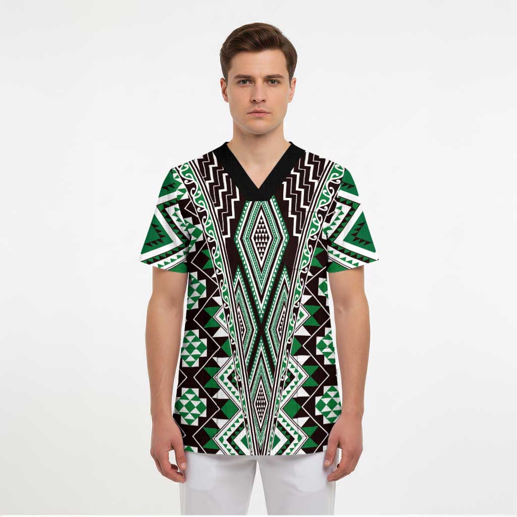 Green Aotearoa Tukutuku and Poutama Motif Scrub Top - Polynesian Pride