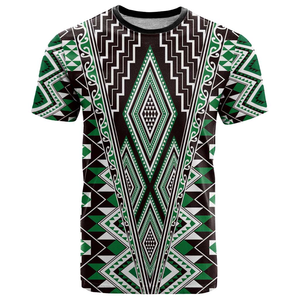 Green Aotearoa Tukutuku and Poutama Motif T Shirt LT03 Green - Polynesian Pride