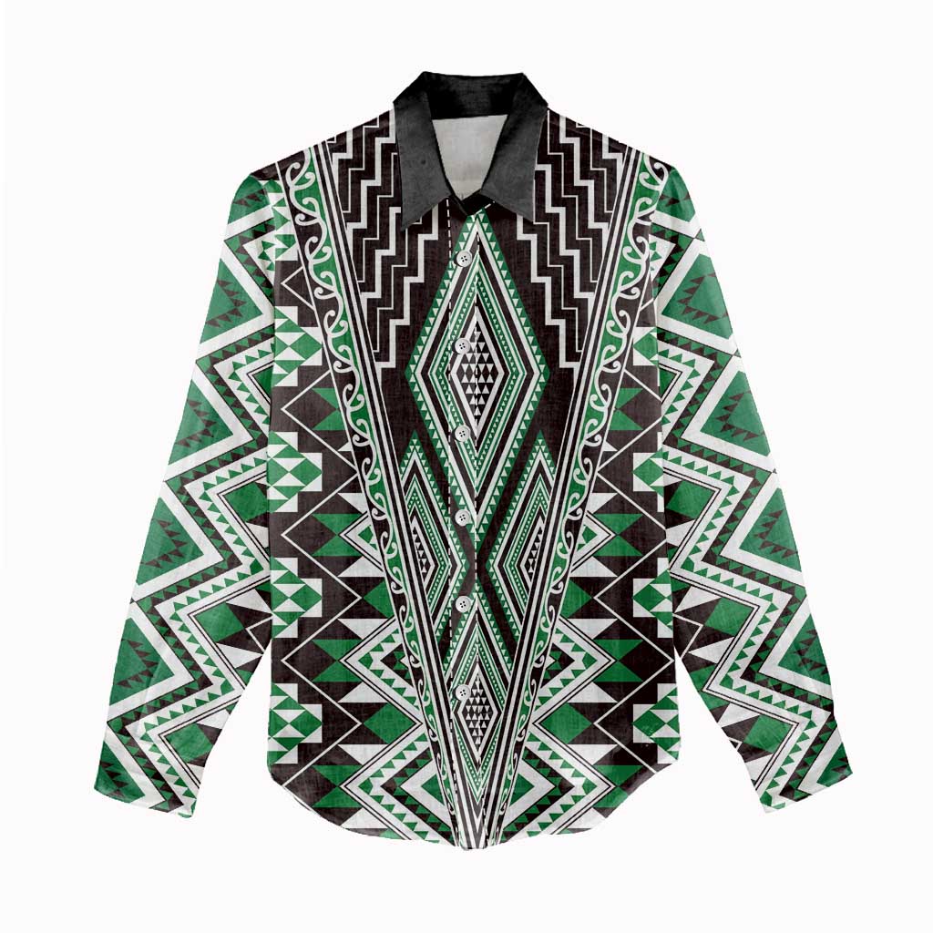 Green Aotearoa Tukutuku and Poutama Motif Women Casual Shirt LT03 - Polynesian Pride
