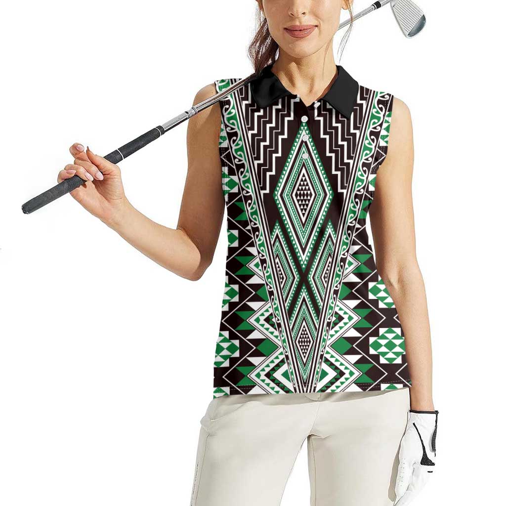 Green Aotearoa Tukutuku and Poutama Motif Women Sleeveless Polo Shirt LT03 - Polynesian Pride