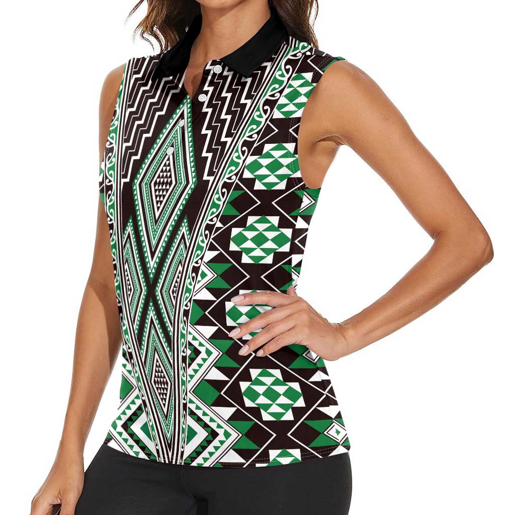 Green Aotearoa Tukutuku and Poutama Motif Women Sleeveless Polo Shirt LT03 - Polynesian Pride
