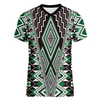 Green Aotearoa Tukutuku and Poutama Motif Women V-Neck T-Shirt LT03 Female Green - Polynesian Pride