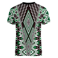 Green Aotearoa Tukutuku and Poutama Motif Women V-Neck T-Shirt LT03 - Polynesian Pride