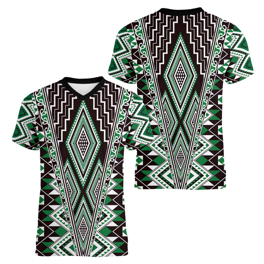 Green Aotearoa Tukutuku and Poutama Motif Women V-Neck T-Shirt LT03 - Polynesian Pride