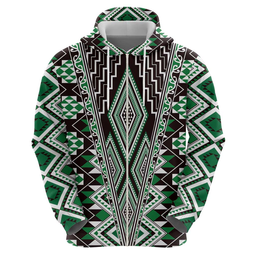Green Aotearoa Tukutuku and Poutama Motif Zip Hoodie