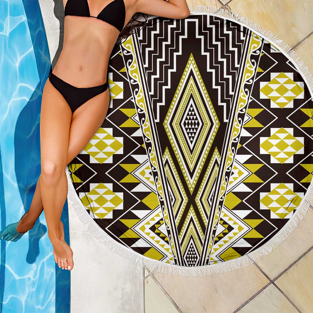 Yellow Aotearoa Tukutuku and Poutama Motif Beach Blanket