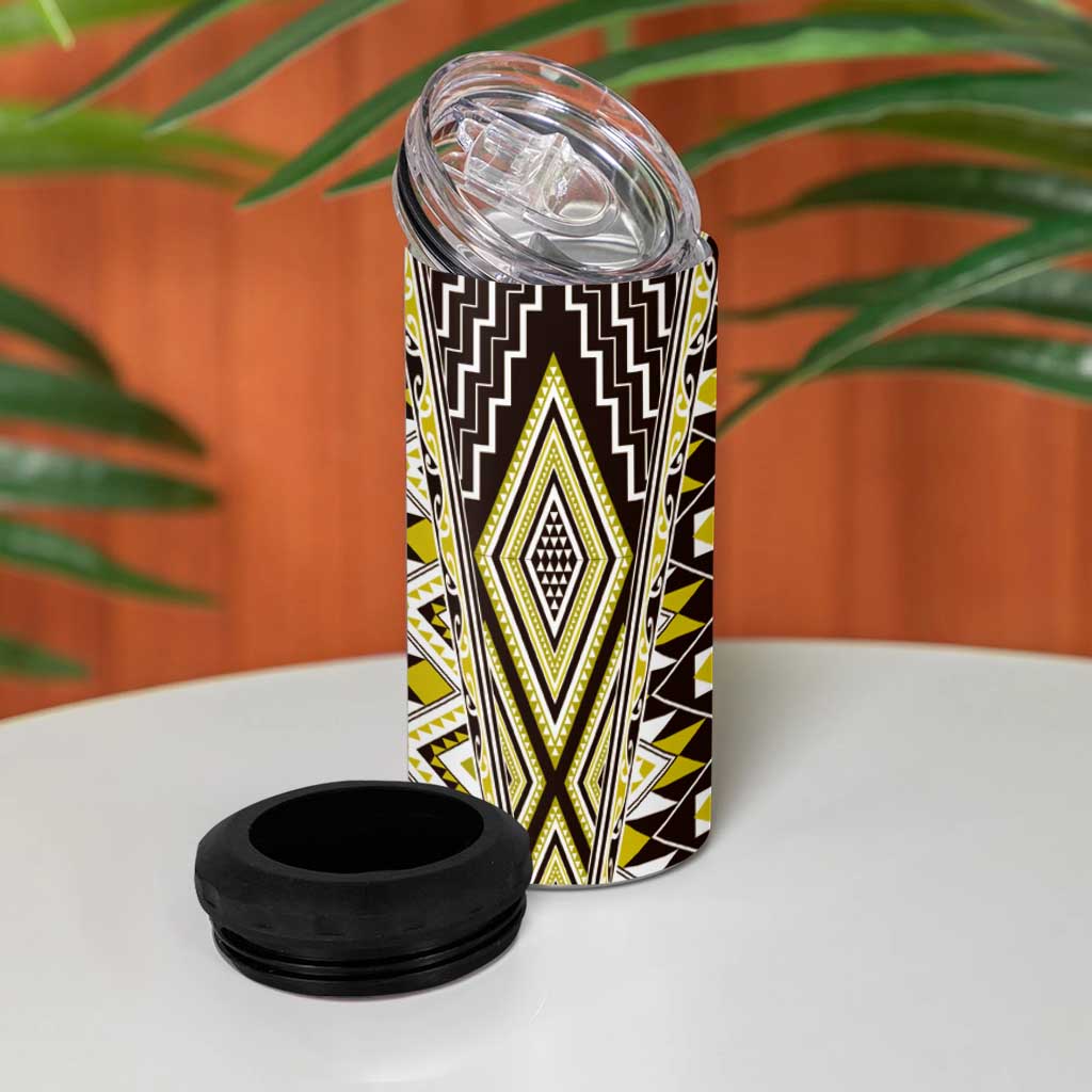 Yellow Aotearoa Tukutuku and Poutama Motif 4 in 1 Can Cooler Tumbler LT03 - Polynesian Pride