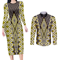 Yellow Aotearoa Tukutuku and Poutama Motif Couples Matching Long Sleeve Bodycon Dress and Long Sleeve Button Shirt