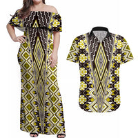 Yellow Aotearoa Tukutuku and Poutama Motif Couples Matching Off Shoulder Maxi Dress and Hawaiian Shirt LT03 Yellow - Polynesian Pride