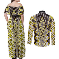 Yellow Aotearoa Tukutuku and Poutama Motif Couples Matching Off Shoulder Maxi Dress and Long Sleeve Button Shirt LT03 - Polynesian Pride