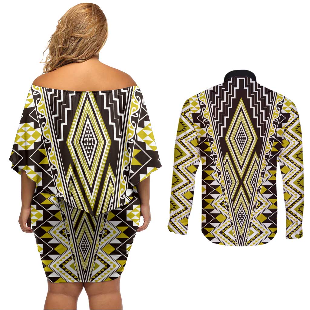 Yellow Aotearoa Tukutuku and Poutama Motif Couples Matching Off Shoulder Short Dress and Long Sleeve Button Shirt LT03 - Polynesian Pride