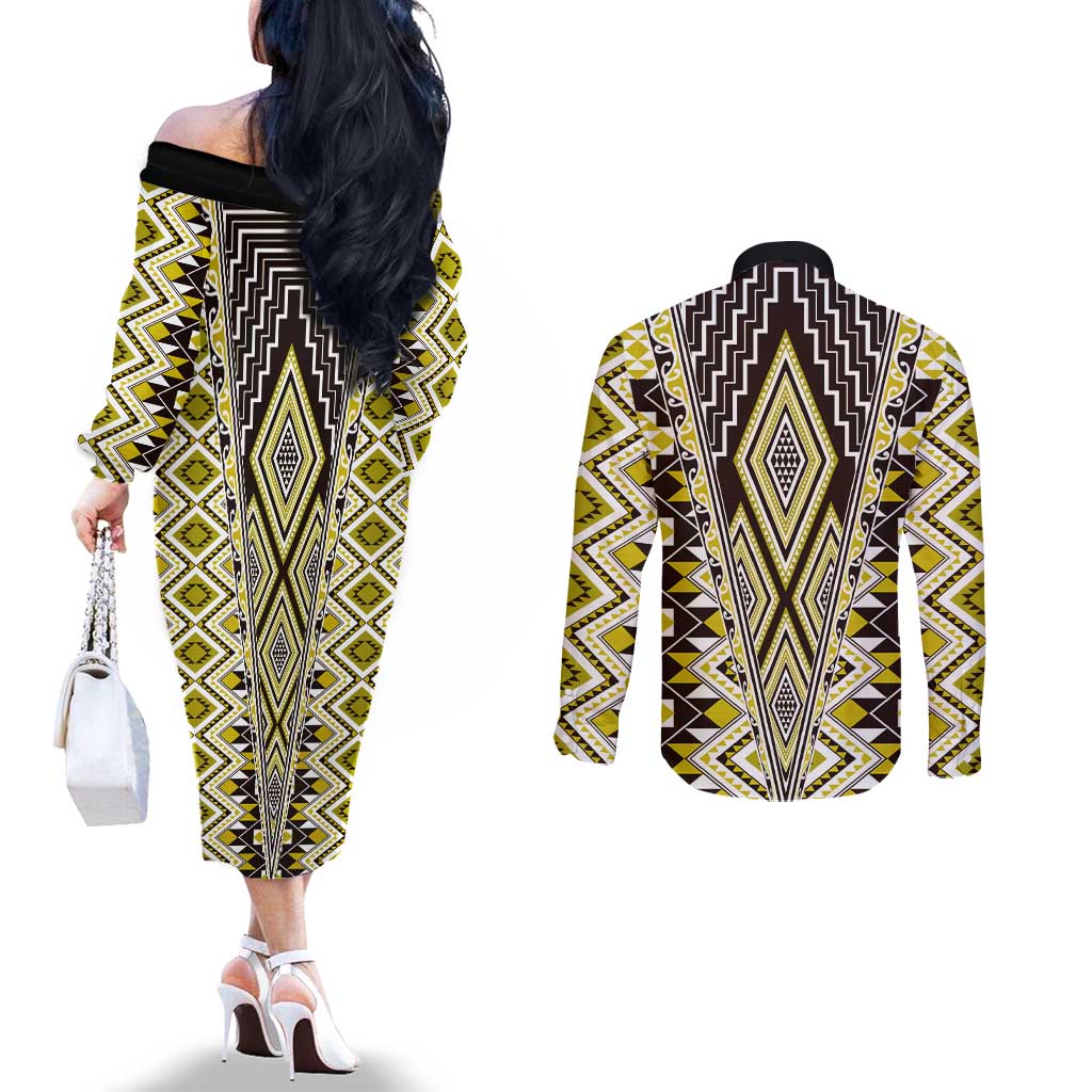 Yellow Aotearoa Tukutuku and Poutama Motif Couples Matching Off The Shoulder Long Sleeve Dress and Long Sleeve Button Shirt