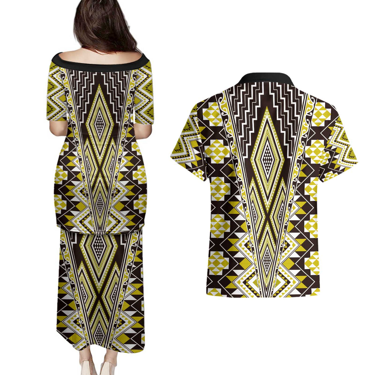 Yellow Aotearoa Tukutuku and Poutama Motif Couples Matching Puletasi and Hawaiian Shirt LT03 - Polynesian Pride