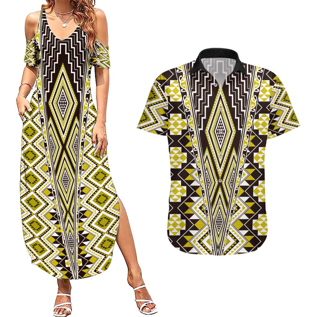 Yellow Aotearoa Tukutuku and Poutama Motif Couples Matching Summer Maxi Dress and Hawaiian Shirt LT03 Yellow - Polynesian Pride