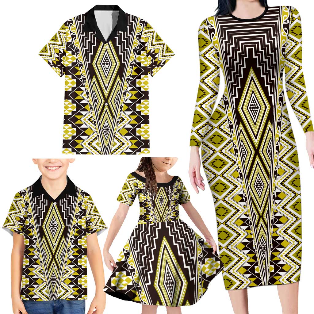 Yellow Aotearoa Tukutuku and Poutama Motif Family Matching Long Sleeve Bodycon Dress and Hawaiian Shirt LT03 - Polynesian Pride