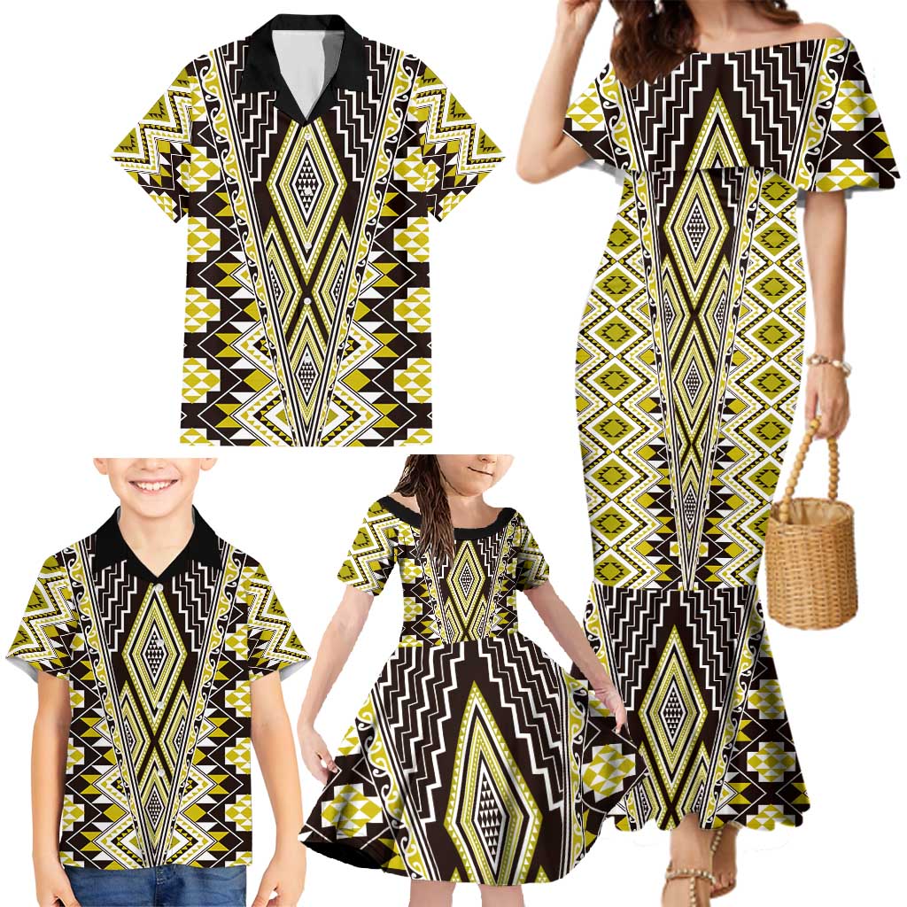Yellow Aotearoa Tukutuku and Poutama Motif Family Matching Mermaid Dress and Hawaiian Shirt LT03 - Polynesian Pride