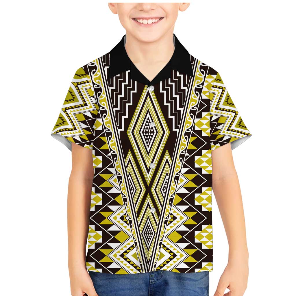 Yellow Aotearoa Tukutuku and Poutama Motif Family Matching Mermaid Dress and Hawaiian Shirt LT03 Son's Shirt Yellow - Polynesian Pride