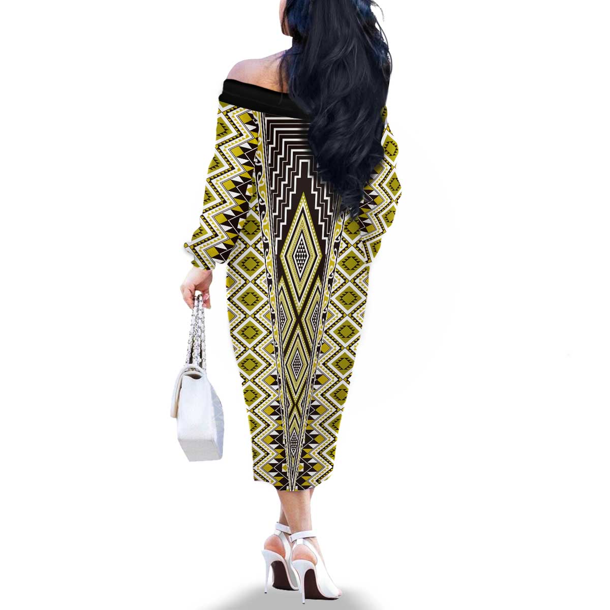 Yellow Aotearoa Tukutuku and Poutama Motif Family Matching Off The Shoulder Long Sleeve Dress and Hawaiian Shirt