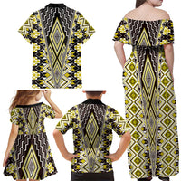 Yellow Aotearoa Tukutuku and Poutama Motif Family Matching Off Shoulder Maxi Dress and Hawaiian Shirt LT03 - Polynesian Pride
