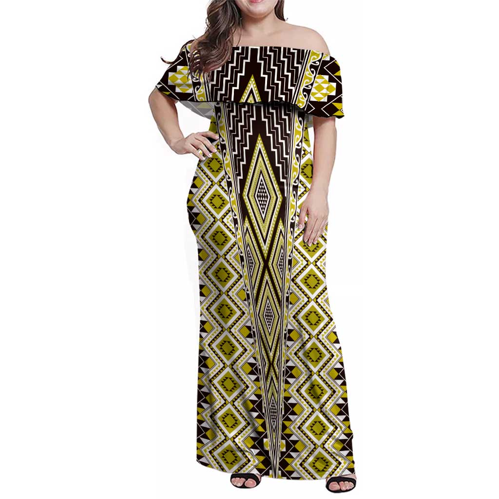 Yellow Aotearoa Tukutuku and Poutama Motif Family Matching Off Shoulder Maxi Dress and Hawaiian Shirt LT03 Mom's Dress Yellow - Polynesian Pride