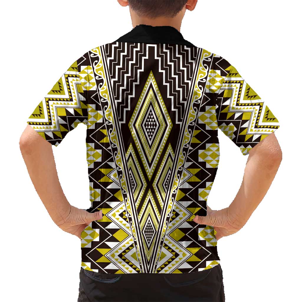 Yellow Aotearoa Tukutuku and Poutama Motif Family Matching Off Shoulder Short Dress and Hawaiian Shirt LT03 - Polynesian Pride