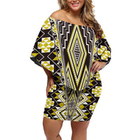 Yellow Aotearoa Tukutuku and Poutama Motif Family Matching Off Shoulder Short Dress and Hawaiian Shirt LT03 Mom's Dress Yellow - Polynesian Pride