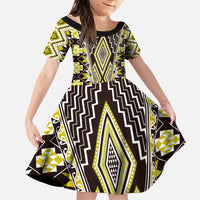 Yellow Aotearoa Tukutuku and Poutama Motif Family Matching Puletasi and Hawaiian Shirt LT03 Daughter's Dress Yellow - Polynesian Pride