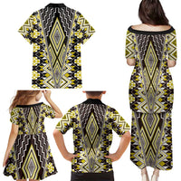 Yellow Aotearoa Tukutuku and Poutama Motif Family Matching Puletasi and Hawaiian Shirt LT03 - Polynesian Pride