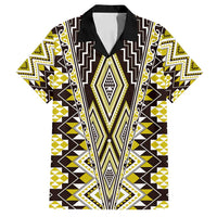 Yellow Aotearoa Tukutuku and Poutama Motif Family Matching Puletasi and Hawaiian Shirt LT03 Dad's Shirt - Short Sleeve Yellow - Polynesian Pride