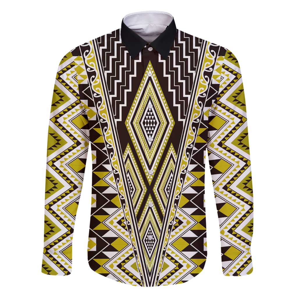 Yellow Aotearoa Tukutuku and Poutama Motif Family Matching Puletasi and Hawaiian Shirt LT03 Dad's Shirt - Long Sleeve Yellow - Polynesian Pride