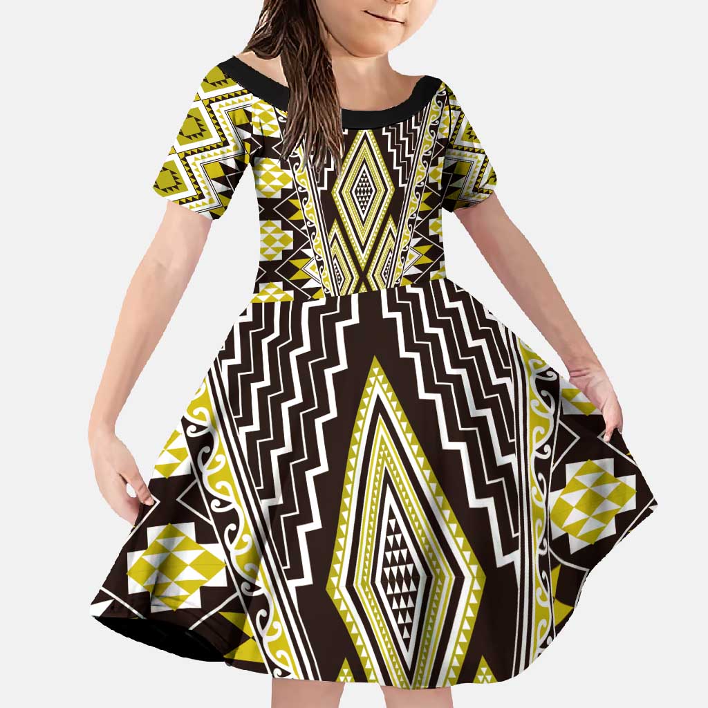 Yellow Aotearoa Tukutuku and Poutama Motif Family Matching Short Sleeve Bodycon Dress and Hawaiian Shirt LT03 Daughter's Dress Yellow - Polynesian Pride