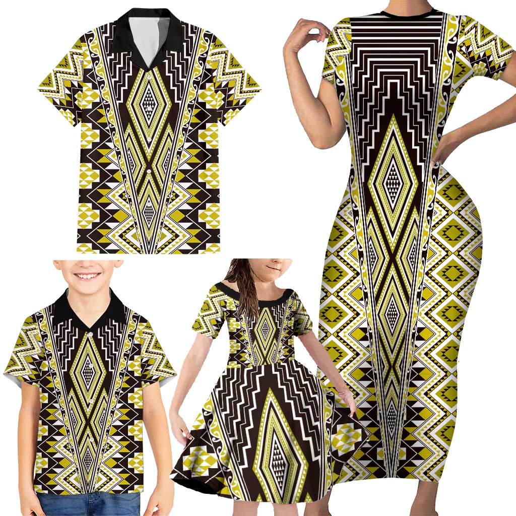Yellow Aotearoa Tukutuku and Poutama Motif Family Matching Short Sleeve Bodycon Dress and Hawaiian Shirt LT03 - Polynesian Pride