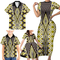 Yellow Aotearoa Tukutuku and Poutama Motif Family Matching Short Sleeve Bodycon Dress and Hawaiian Shirt LT03 - Polynesian Pride