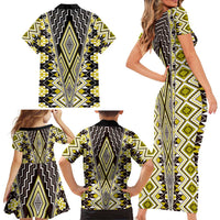 Yellow Aotearoa Tukutuku and Poutama Motif Family Matching Short Sleeve Bodycon Dress and Hawaiian Shirt LT03 - Polynesian Pride