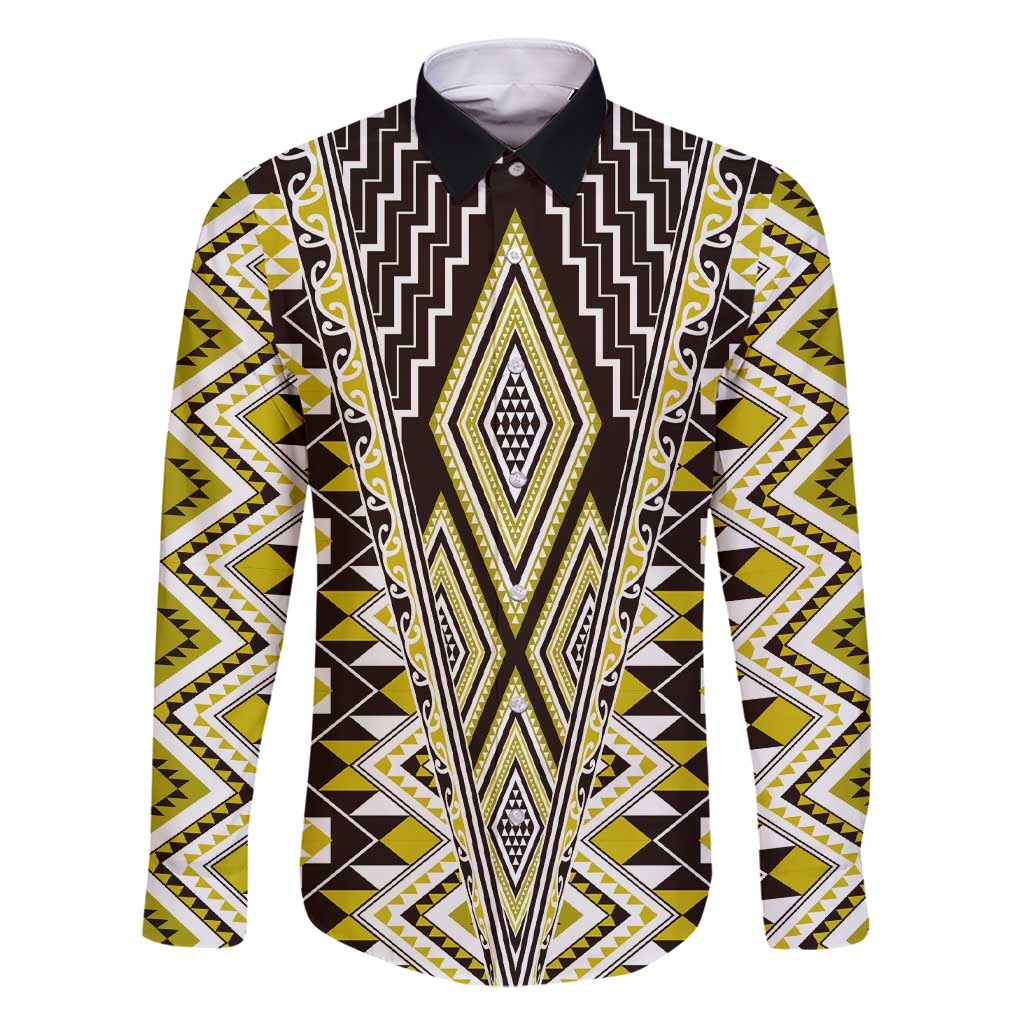 Yellow Aotearoa Tukutuku and Poutama Motif Family Matching Short Sleeve Bodycon Dress and Hawaiian Shirt LT03 Dad's Shirt - Long Sleeve Yellow - Polynesian Pride