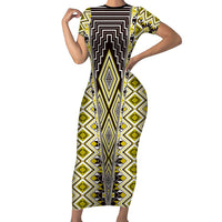 Yellow Aotearoa Tukutuku and Poutama Motif Family Matching Short Sleeve Bodycon Dress and Hawaiian Shirt LT03 Mom's Dress Yellow - Polynesian Pride