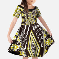 Yellow Aotearoa Tukutuku and Poutama Motif Family Matching Summer Maxi Dress and Hawaiian Shirt LT03 Daughter's Dress Yellow - Polynesian Pride