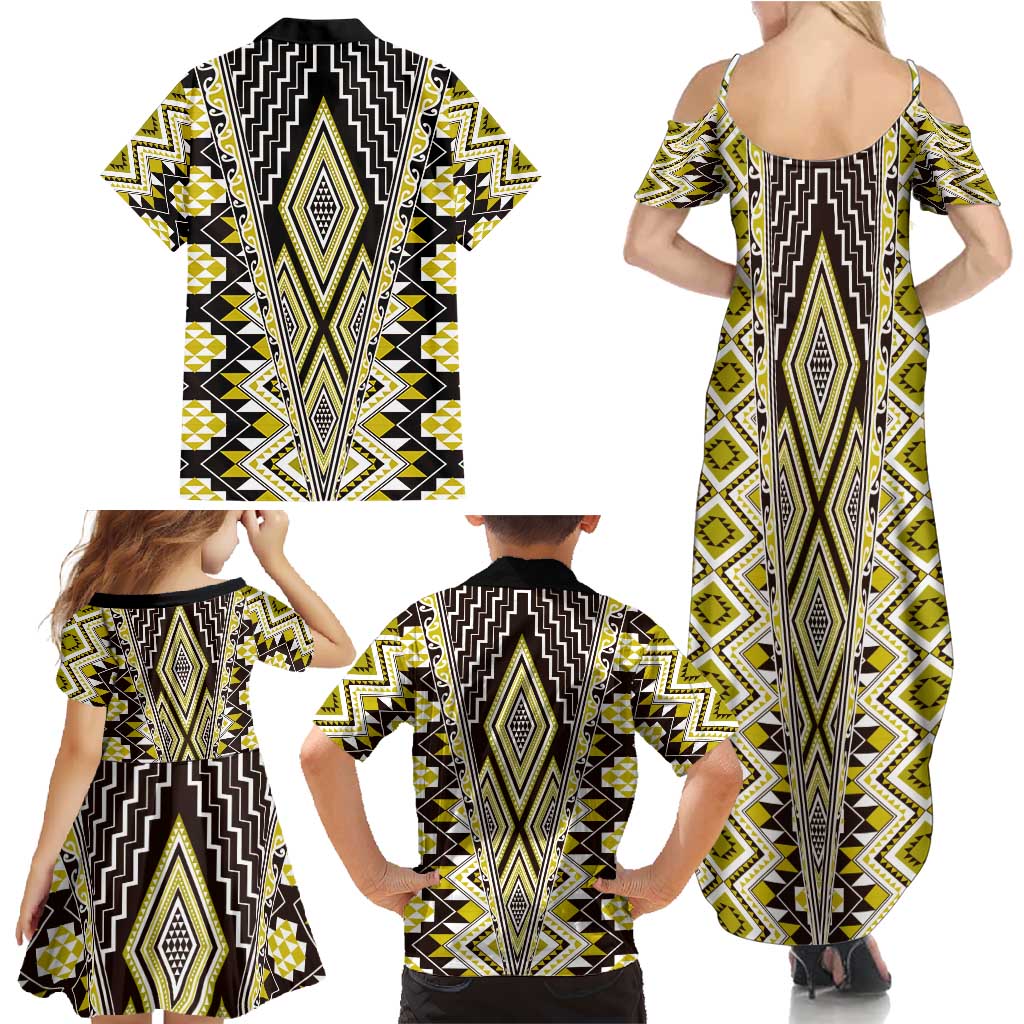 Yellow Aotearoa Tukutuku and Poutama Motif Family Matching Summer Maxi Dress and Hawaiian Shirt LT03 - Polynesian Pride