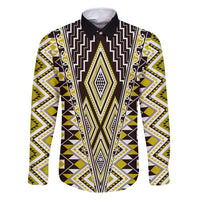 Yellow Aotearoa Tukutuku and Poutama Motif Family Matching Summer Maxi Dress and Hawaiian Shirt LT03 Dad's Shirt - Long Sleeve Yellow - Polynesian Pride