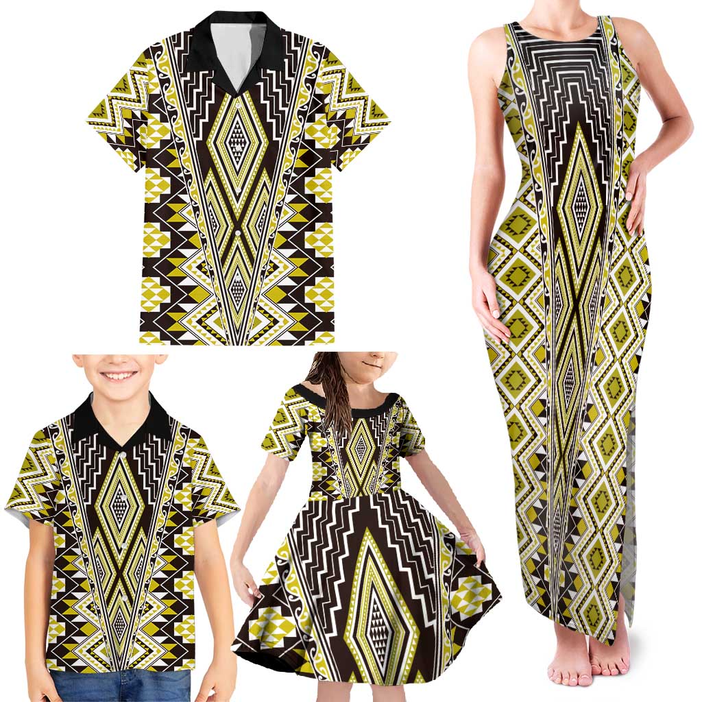 Yellow Aotearoa Tukutuku and Poutama Motif Family Matching Tank Maxi Dress and Hawaiian Shirt LT03 - Polynesian Pride