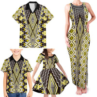 Yellow Aotearoa Tukutuku and Poutama Motif Family Matching Tank Maxi Dress and Hawaiian Shirt LT03 - Polynesian Pride